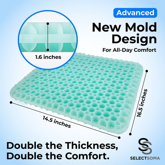 SelectSoma Mint Green Gel Seat Cushion for Long Sitting, Double-Thick Cooling Honeycomb Gel Design, Pressure-Distributing Support for Office Chair, Car, Wheelchair & Truck, Tailbone & Sciatica Comfort