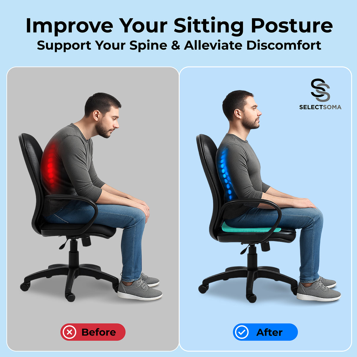 SelectSoma Mint Green Gel Seat Cushion for Long Sitting, Double-Thick Cooling Honeycomb Gel Design, Pressure-Distributing Support for Office Chair, Car, Wheelchair & Truck, Tailbone & Sciatica Comfort
