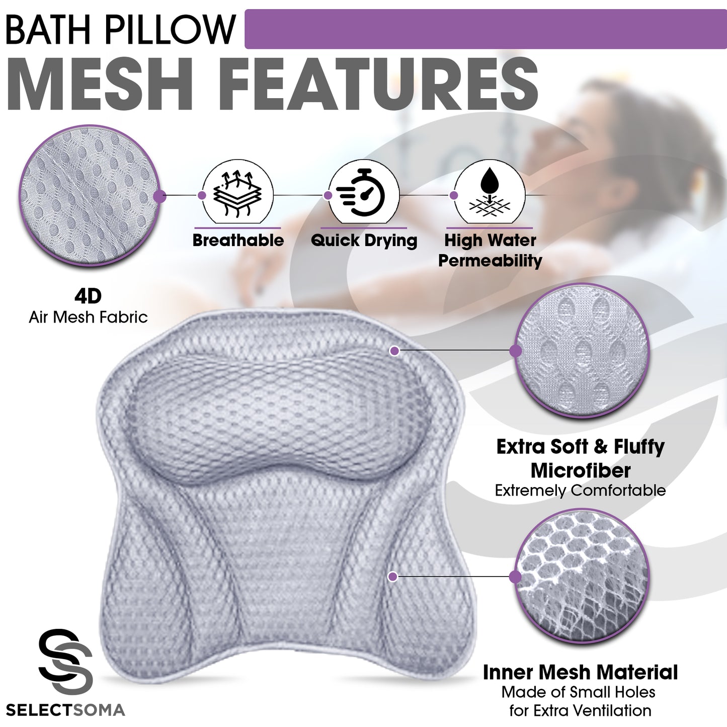 Bath Pillow For Tub, Bathtub Pillow For Head Neck Back Support Non Slip, 4d  Air Mesh