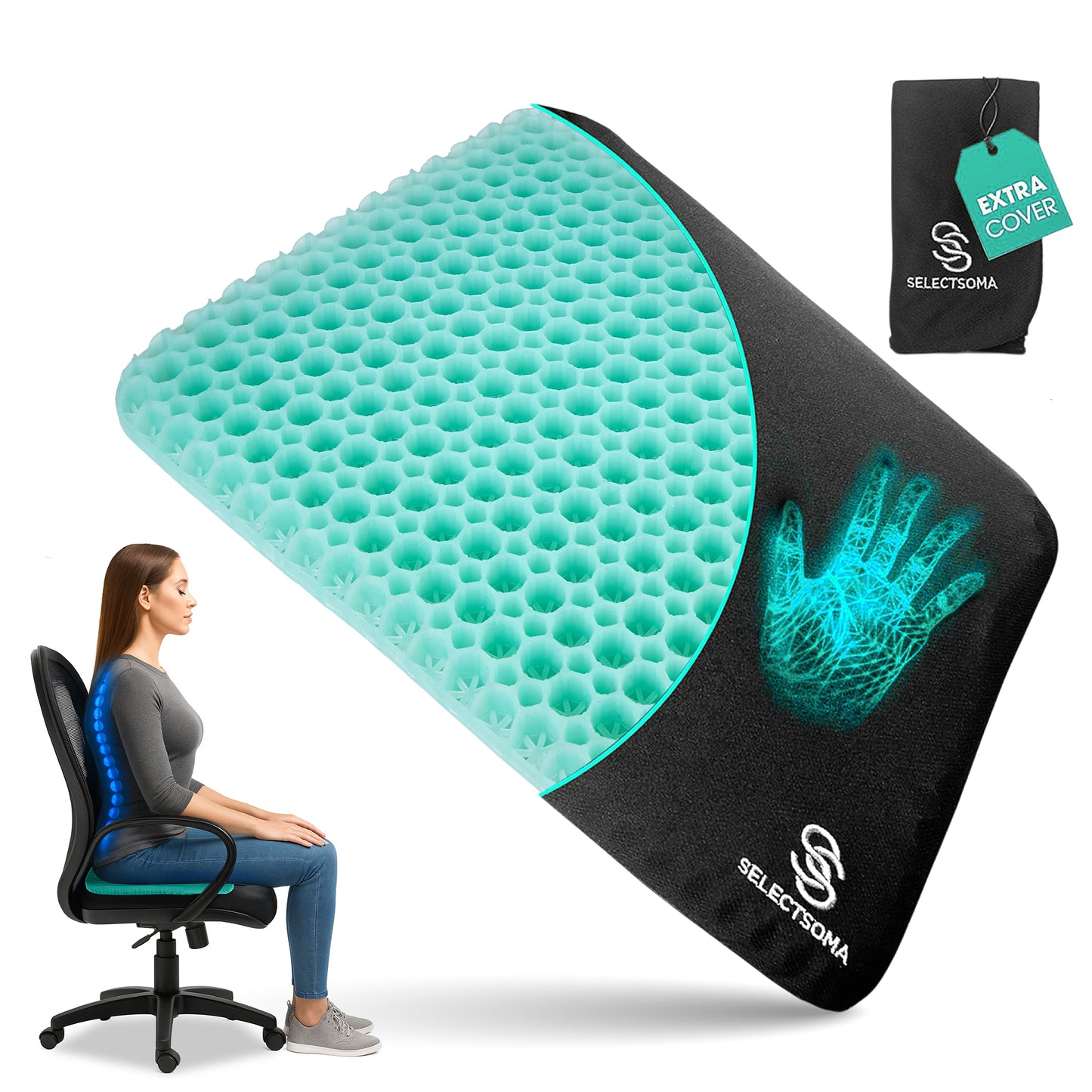 SelectSoma Mint Green Gel Seat Cushion for Long Sitting, Double-Thick Cooling Honeycomb Gel Design, Pressure-Distributing Support for Office Chair, Car, Wheelchair & Truck, Tailbone & Sciatica Comfort