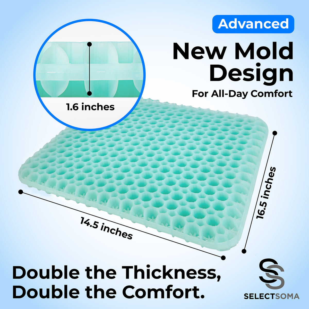 SelectSoma Mint Green Gel Seat Cushion for Long Sitting, Double-Thick Cooling Honeycomb Gel Design, Pressure-Distributing Support for Office Chair, Car, Wheelchair & Truck, Tailbone & Sciatica Comfort