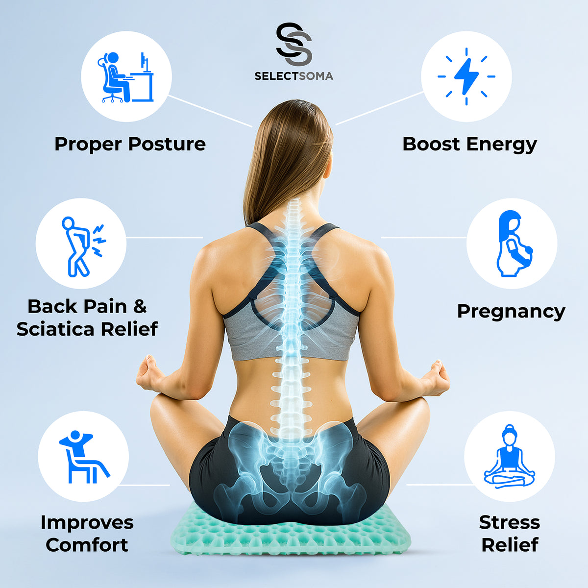 SelectSoma Mint Green Gel Seat Cushion for Long Sitting, Double-Thick Cooling Honeycomb Gel Design, Pressure-Distributing Support for Office Chair, Car, Wheelchair & Truck, Tailbone & Sciatica Comfort